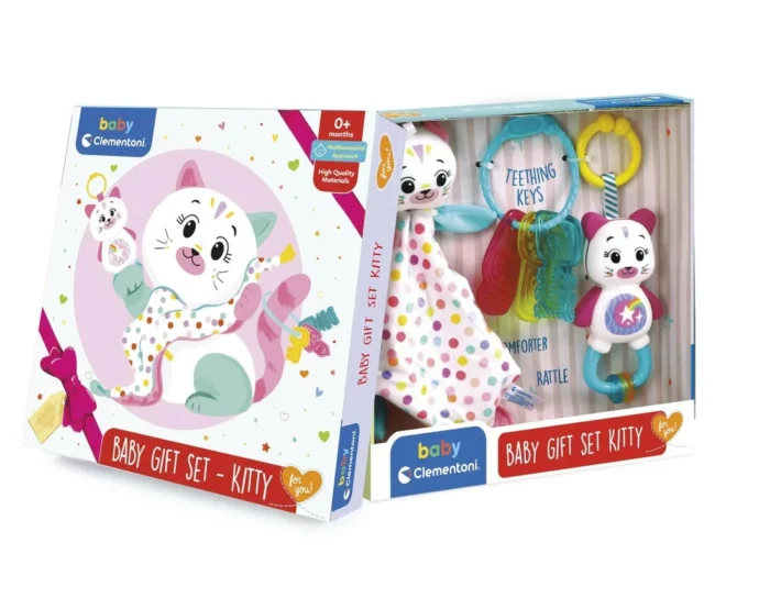 Baby Clementoni Baby Gift Set Kitty – Newborn Gift Box (Comforter, Rattle & Teether), 0+ Months