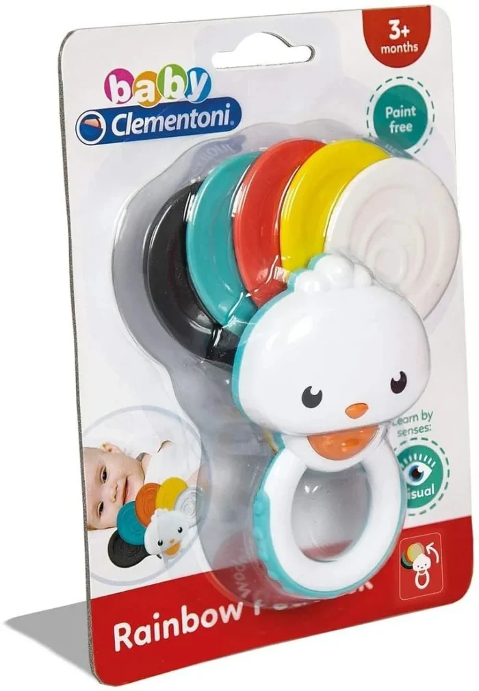 Baby Clementoni Rainbow Peacock Rattle – Visual Stimulation Teether Rattle (3+ Months)