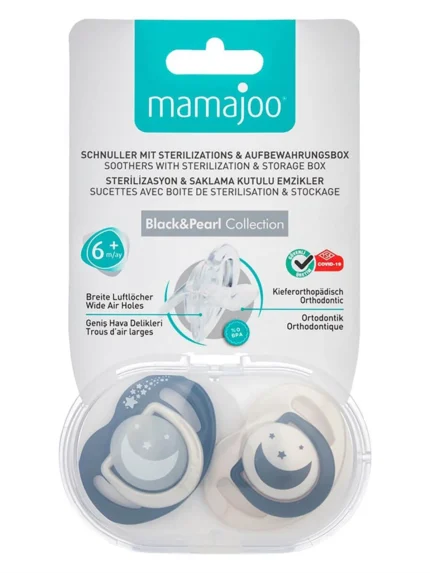 MamaJoo Twin Orthodontic Silicone Soothers Black&Pearl / Night&Day 12m+ with Sterilization & Storage Box