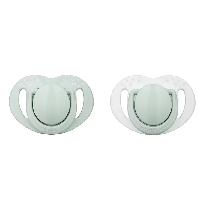 MamaJoo Twin Orthodontic Silicone Soothers Powder Green 0m+ with Sterilization & Storage Box