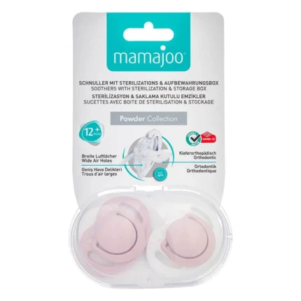 MamaJoo Twin Orthodontic Silicone Soothers Powder Pink 12m+ with Sterilization & Storage Box